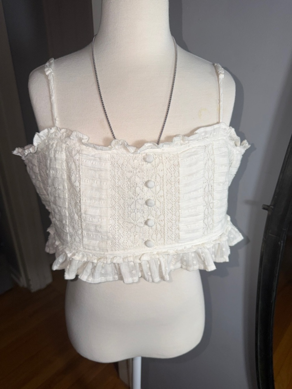 American Eagle Outfitters White Lace Ruffle Button-Front Crop Top